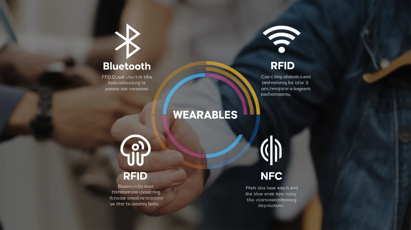 Diagram showing the different wireless technologies used in wearables, including Bluetooth, RFID, and NFC.