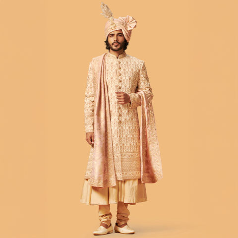 Cream &amp; Peach Embroidered Sherwani