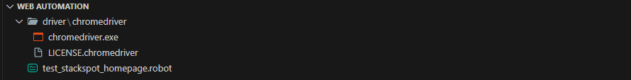 Explorer in the VS Code plugin, where in the open picture, we have the file test_stackspot_homepage.robot and the folder crhomedriver inside with the files inside crhormedriver.exe and LICENSE.crhomedriver. 