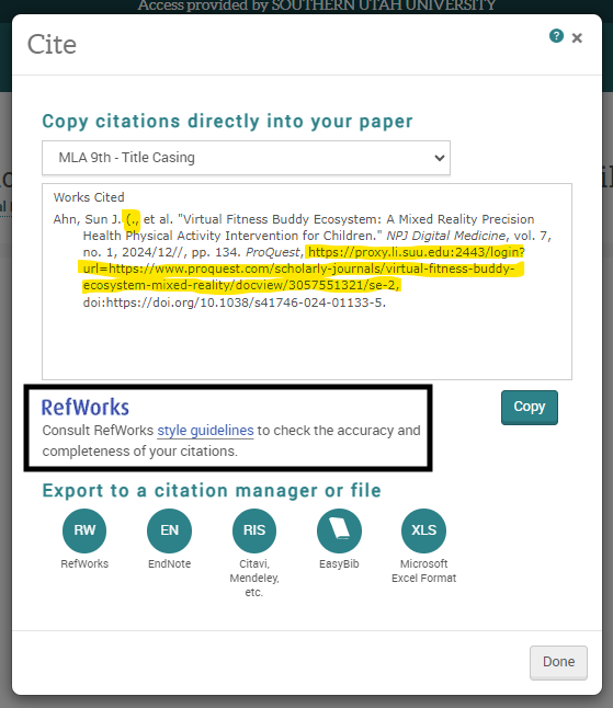 an MLA 9th edition citation generated in a ProQuest database, with the errors highlighted.