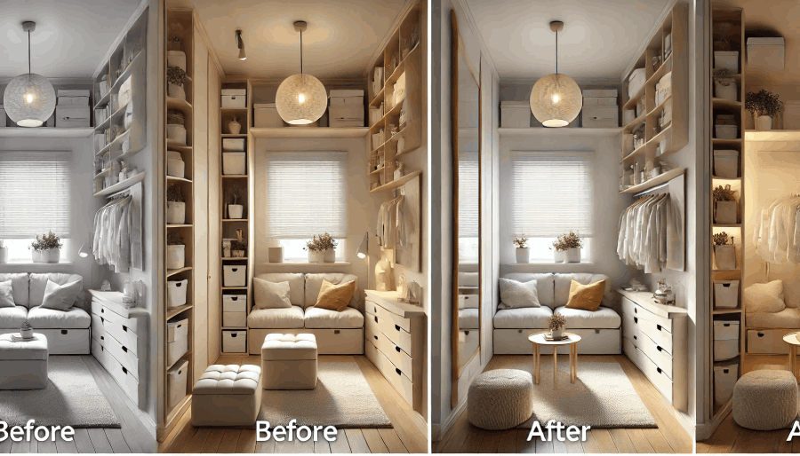 A small room before and after using smart decor tricks to make it feel bigger.