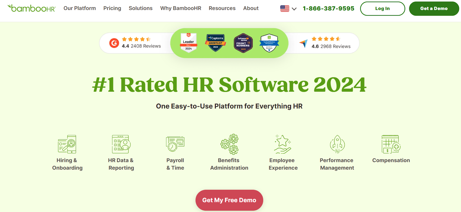 BambooHR homepage showcasing #1 Rated HR Software 2024 with features like hiring, payroll, performance management, and user ratings from G2 and Capterra.
