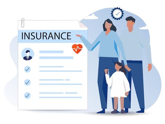 Family insurance Concept of life insurance protection of health and life of children with document of insurance for travel or vacation Healthcare and medical service Vector illustration