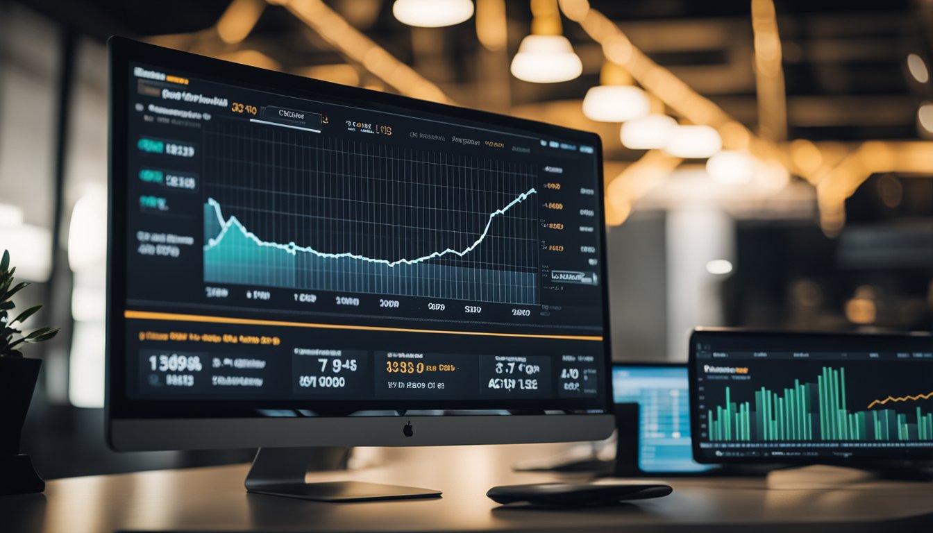 A computer screen displaying a graph of fluctuating prices on Amazon, with a seller's dashboard in the background