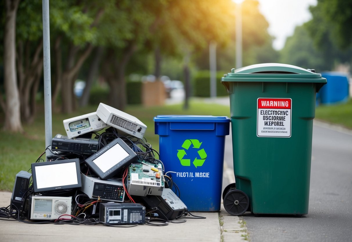 A pile of discarded electronics sits next to a recycling bin, with a warning sign nearby. The bin is labeled for electronic waste disposal