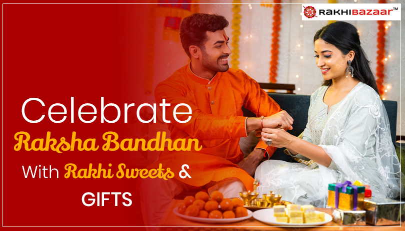 Sister tying rakhi on her brother’s wrist while celebrating Raksha Bandhan with sweets and gifts at home.