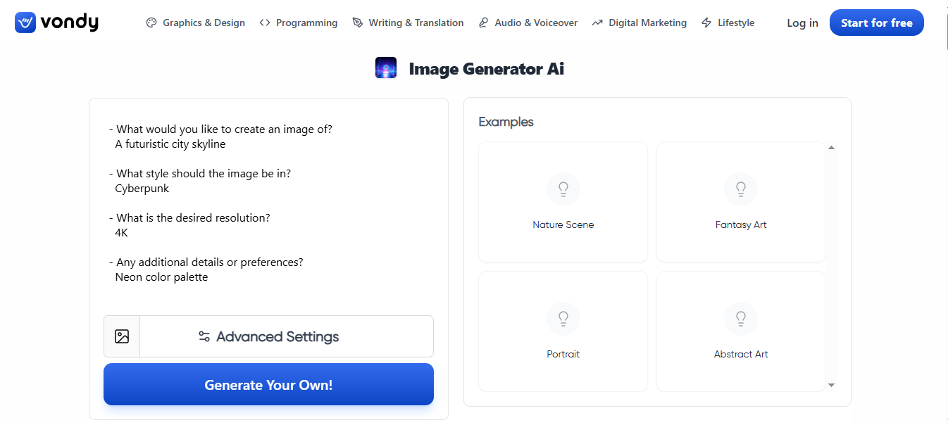 Vondy AI tool layout