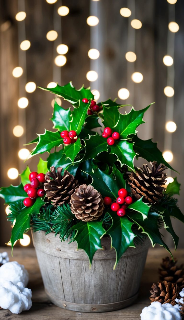 A winter planter filled with holly and ivy greens, pinecones, and berries arranged in a rustic wooden container