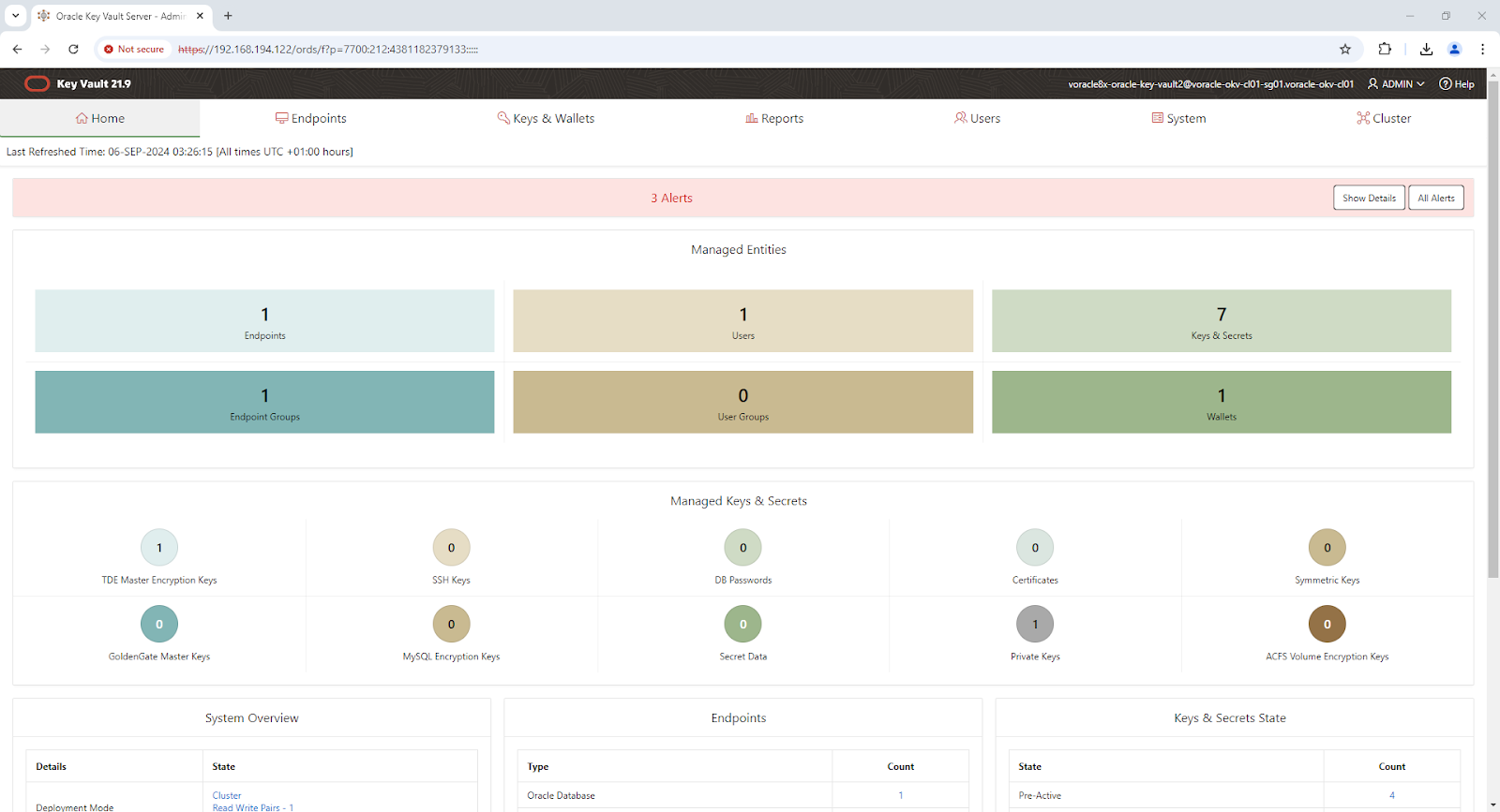 Oracle Key Vault Server - Admin Home - Google Chrome