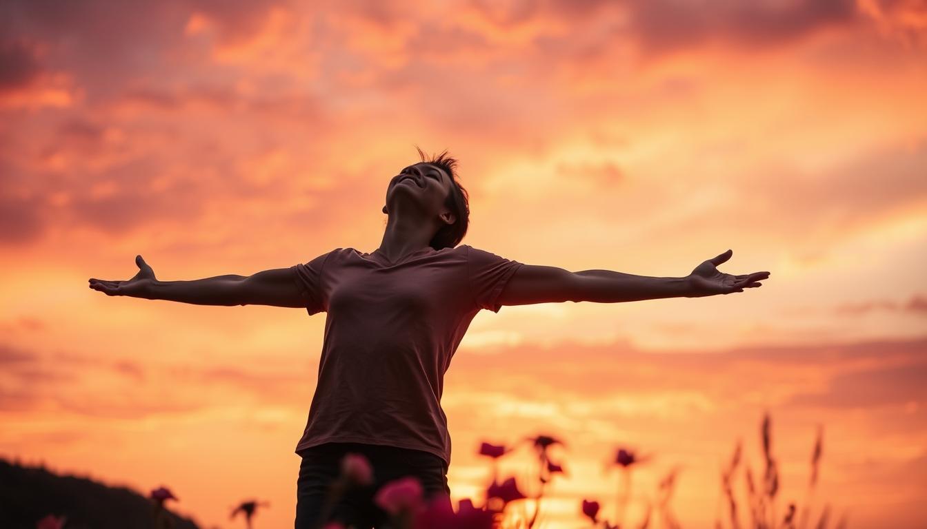 An image of a person standing in front of a beautiful sunset with their arms outstretched and eyes closed, feeling the warmth on their skin and envisioning their ideal soulmate coming into their life. The sky above is painted with hues of pink, orange, and purple, representing the infinite possibilities for love. The person radiates a sense of joy and gratitude, knowing that they are deserving of finding true love and relationships that fulfill them. In the foreground, there are symbols of love, such as hearts or flowers, representing the abundance of love that is available to manifest.