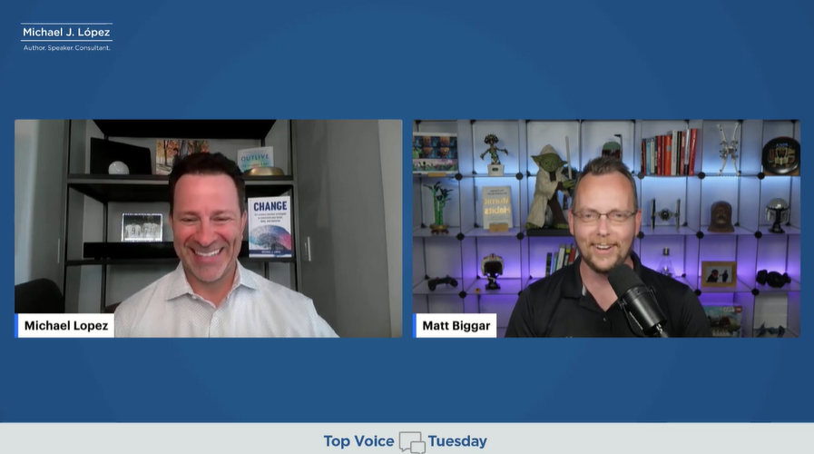 Michael Lopez and Matt Biggar LinkedIn livestream interview about personal branding, authentic storytelling, and creator confidence for business growth