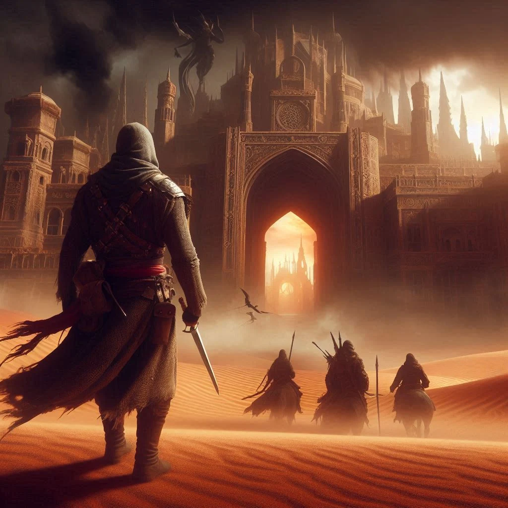 A warrior in the desert staring at an ominous city he and his men are about to enter