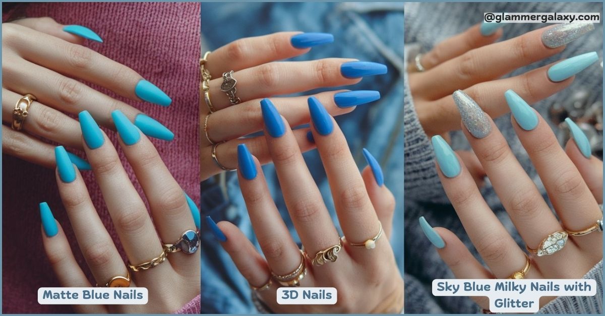 Three different styles of sky blue-themed nail art having Texture and Finish Variations