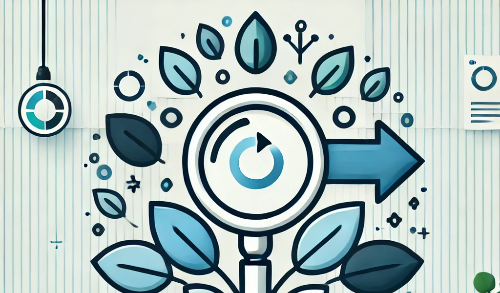 A clean, simple icon-style illustration featuring a magnifying glass and arrow, surrounded by abstract leaves, representing audience research and segmentation