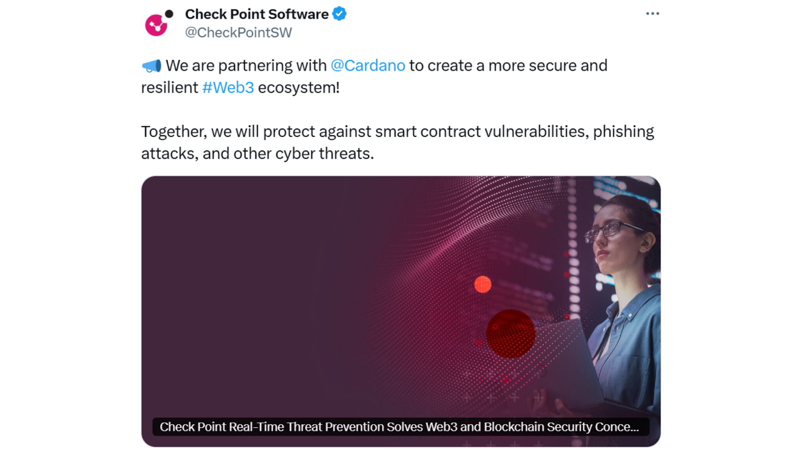 Check Point Software's official announcement on X about Cardano partnership
