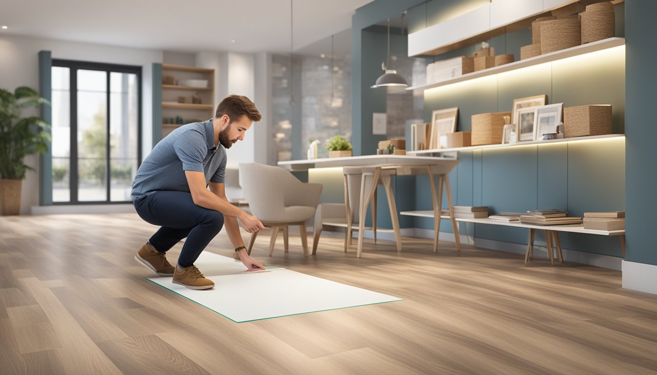 A homeowner comparing different samples of SPC flooring in a well-lit showroom, examining the texture and color under the bright overhead lights