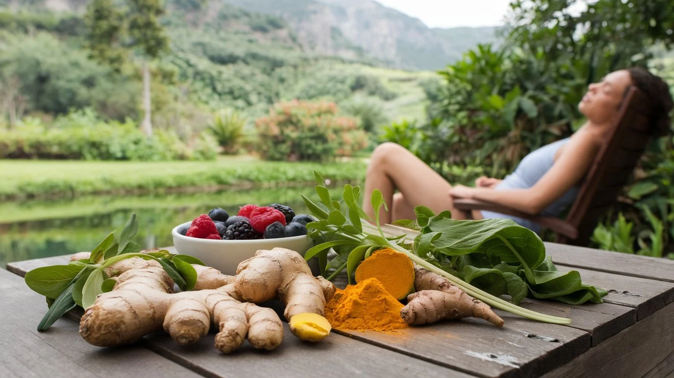 Vegan foods with anti-inflammatory properties, like turmeric, ginger, and leafy greens, displayed alongside a person resting.