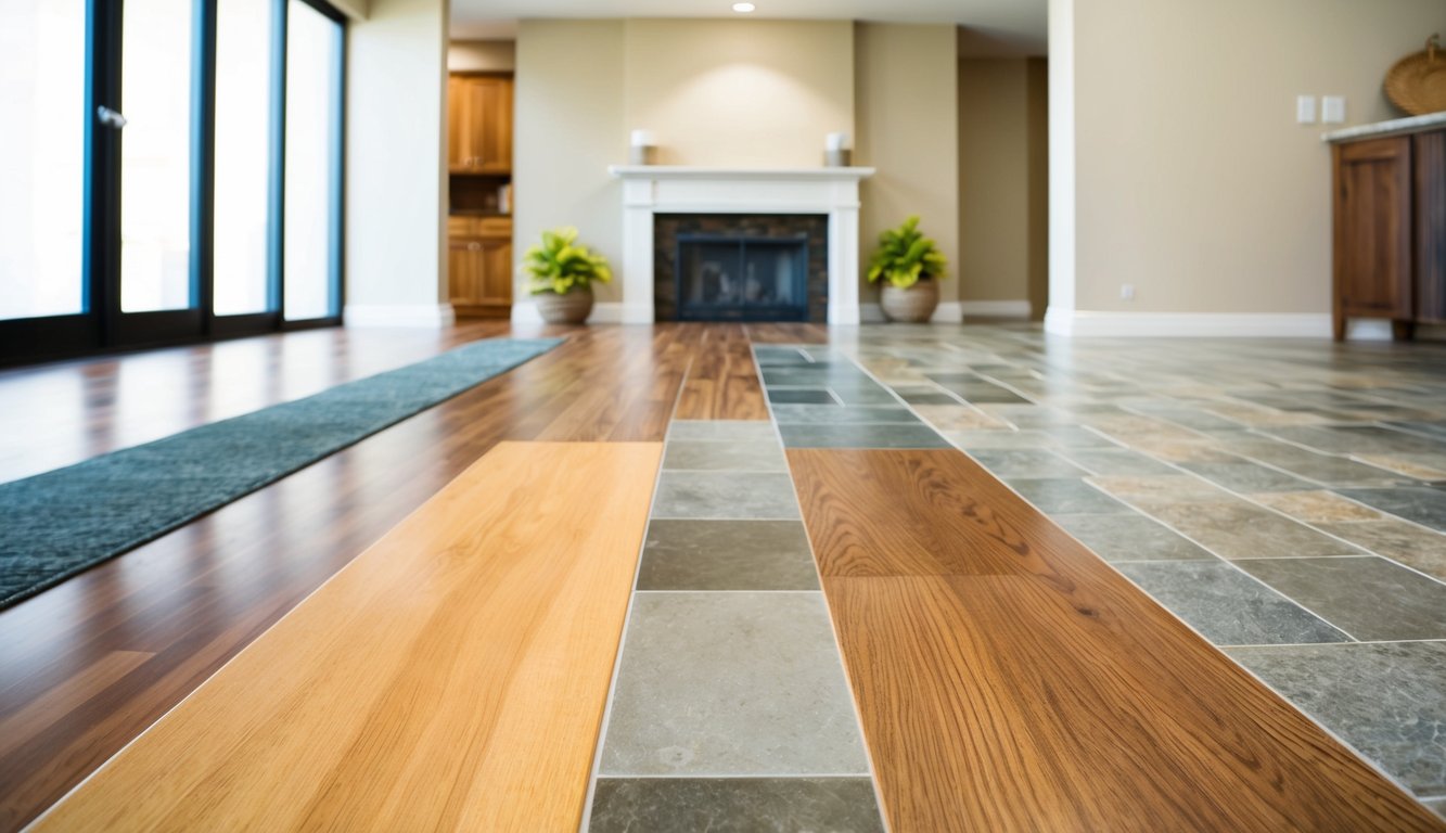 A spacious room with various types of LVT flooring, including wood, stone, and tile, all well-maintained and clean