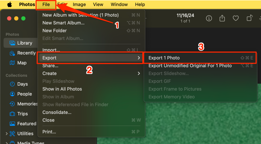 Steps to export a cropped screenshot in the macOS Photos app