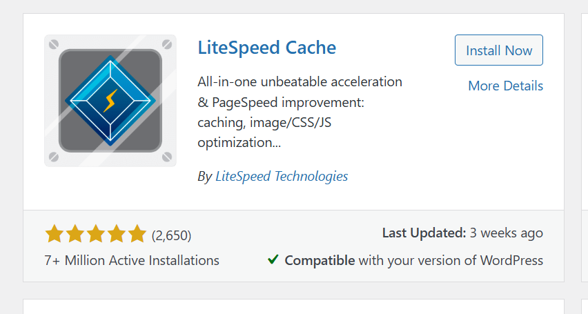 A screenshot of LiteSpeed Cache plugin