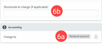 Accounting section, charge to field for selecting accounts and Shortcode to charge field for entering shortcode