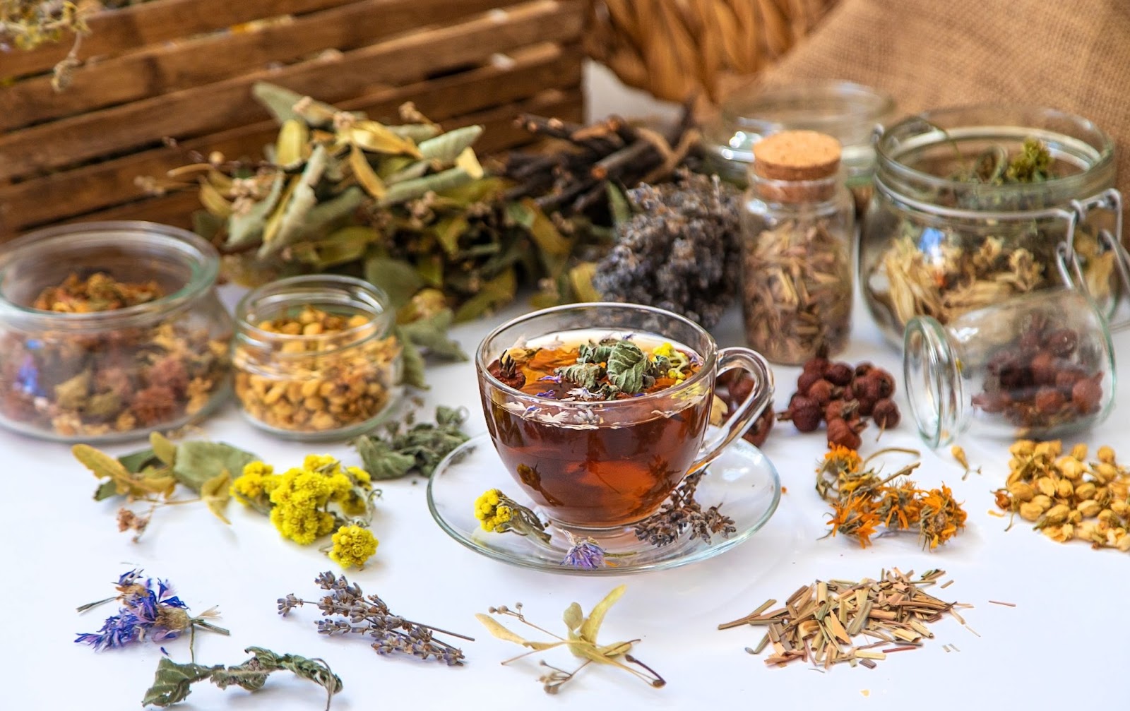 Glass tea cup next to herbs, plants, and flowers, and glass containers. 