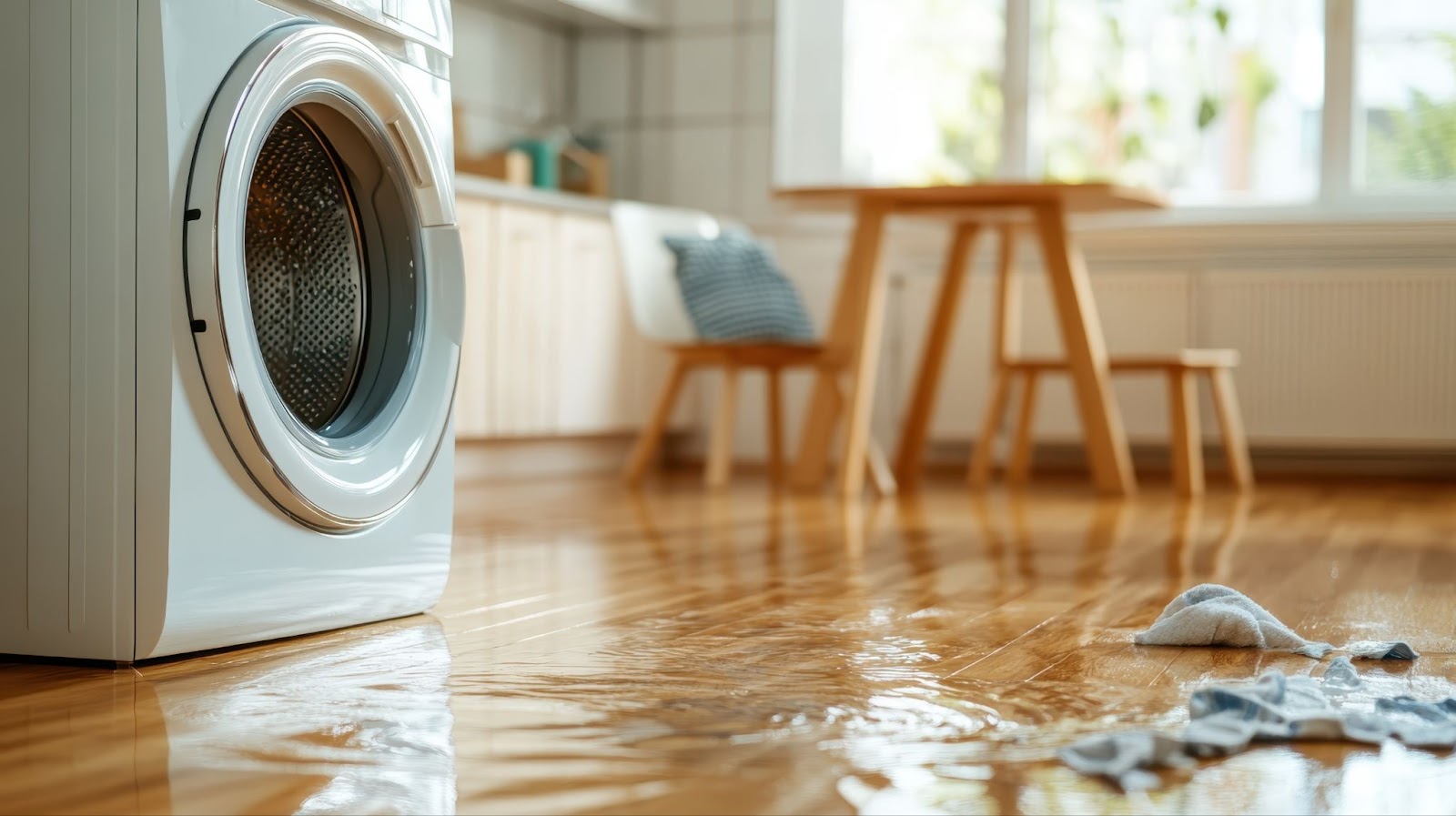 kitchen floor with water damage from flooding