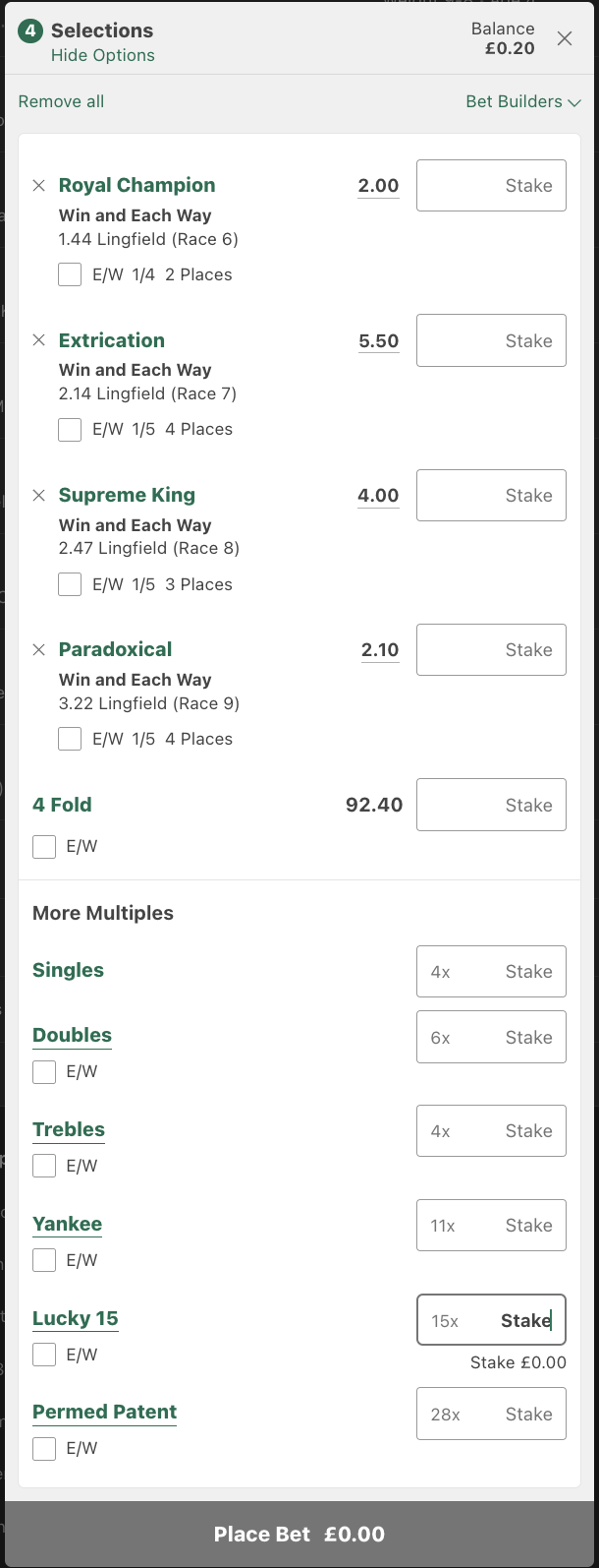 Lucky 15 bet slip at bet365