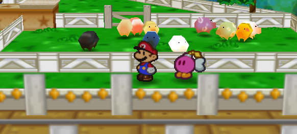 Mario in front of a pan of lil oink, round pigs.