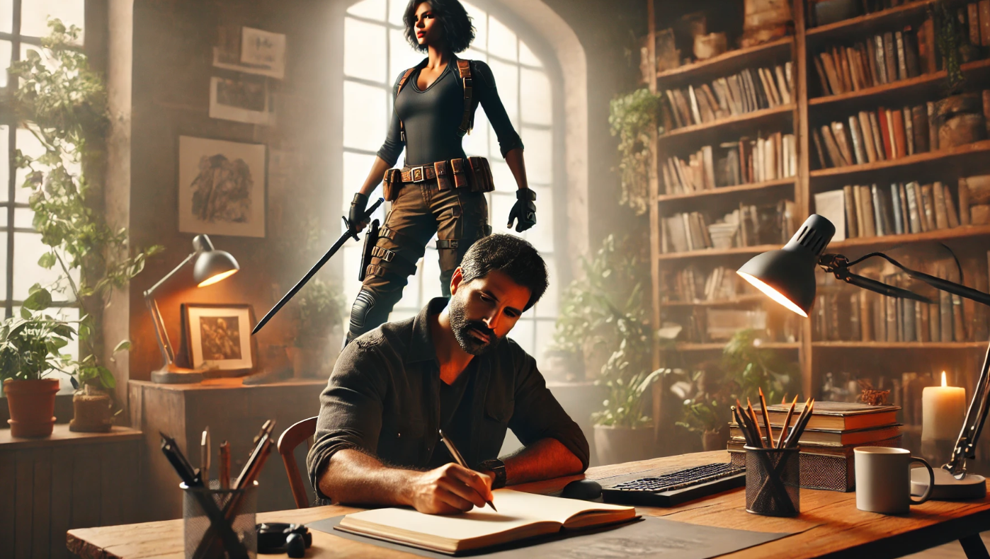 A bearded man sits at a wooden desk in a warmly lit library, writing in a notebook, surrounded by books, candles, and a desk lamp. Behind him, a warrior woman in tactical gear, holding a sword, stands confidently in front of a large arched window, blending reality with fantasy in an inspiring storytelling scene.