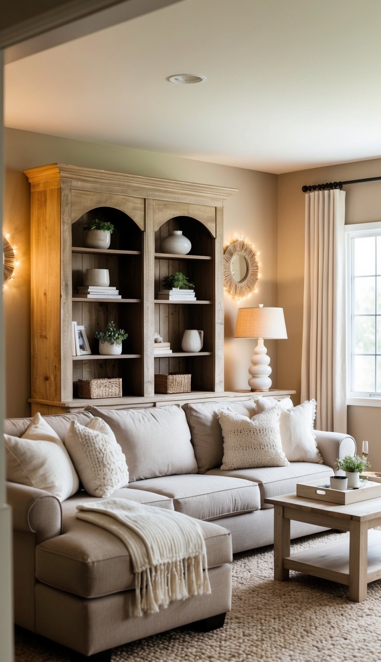 A cozy living room with a rustic beige bookcase, warm lighting, and neutral decor