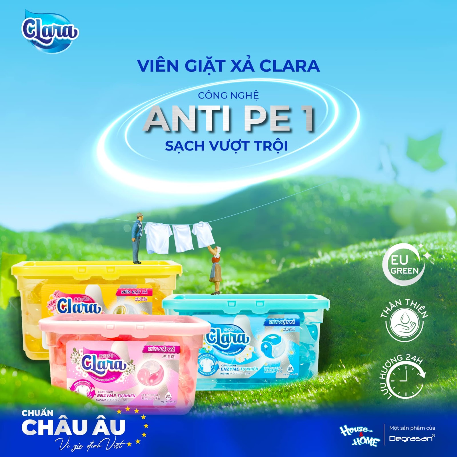 Công Nghệ Anti-PE1 tròn viên giặt xả Clara giúp hạn chế bọt, bảo vệ máy giặt