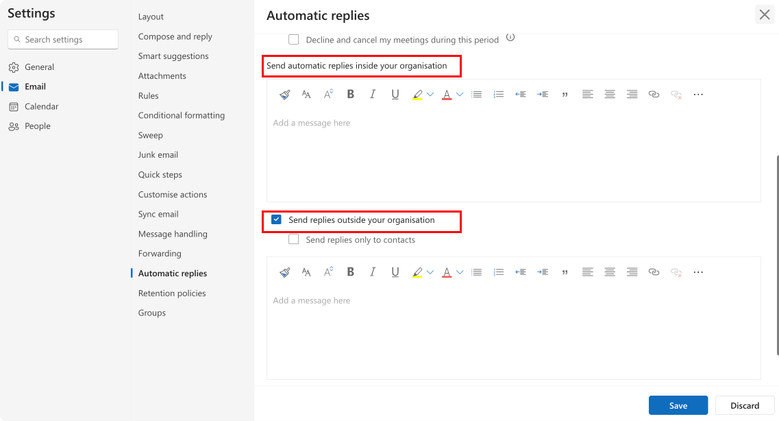 Pic. 16. Configuring response settings for automatic replies in OWA.