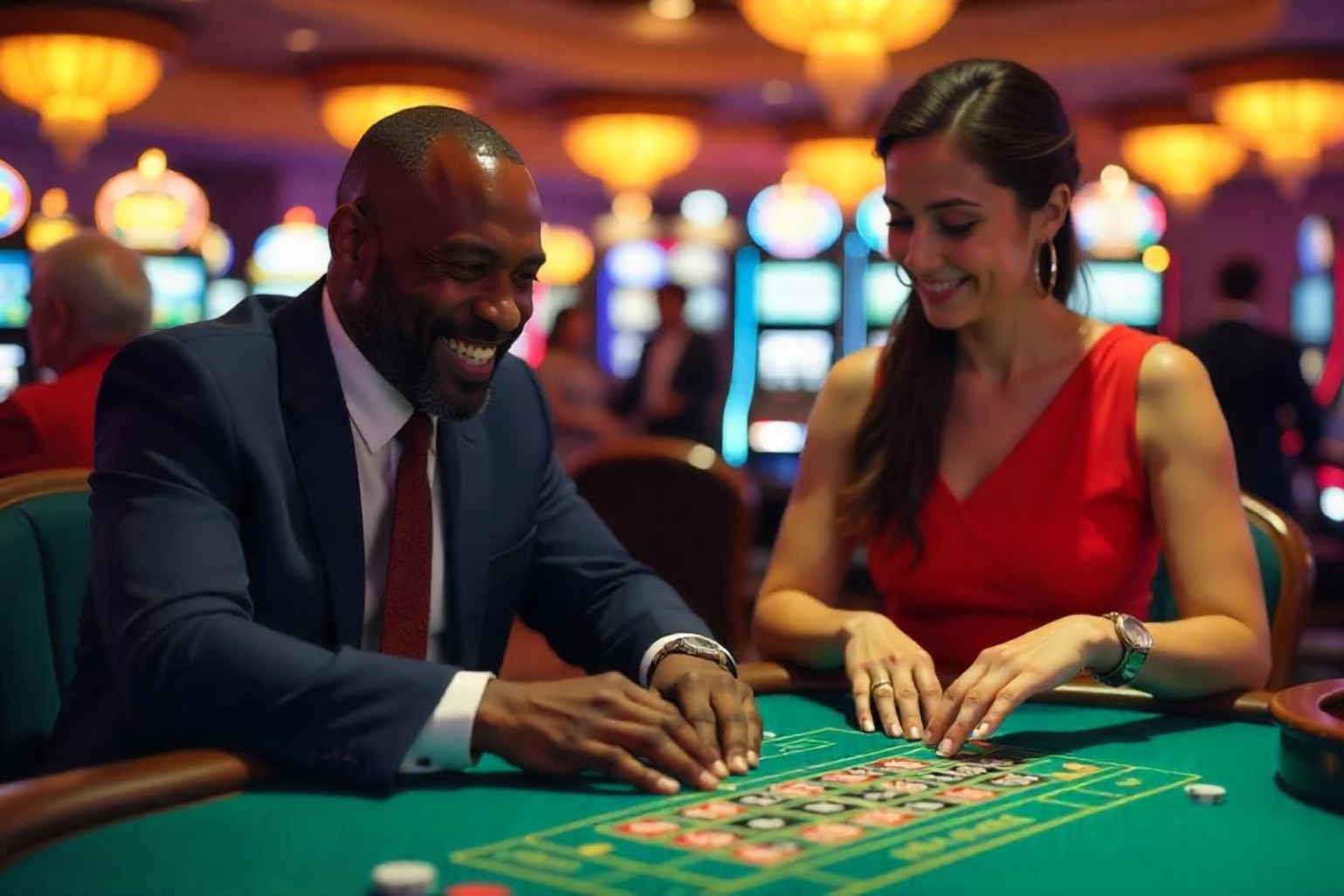 A man and woman play roulette at a lively casino table, focused on their bets.