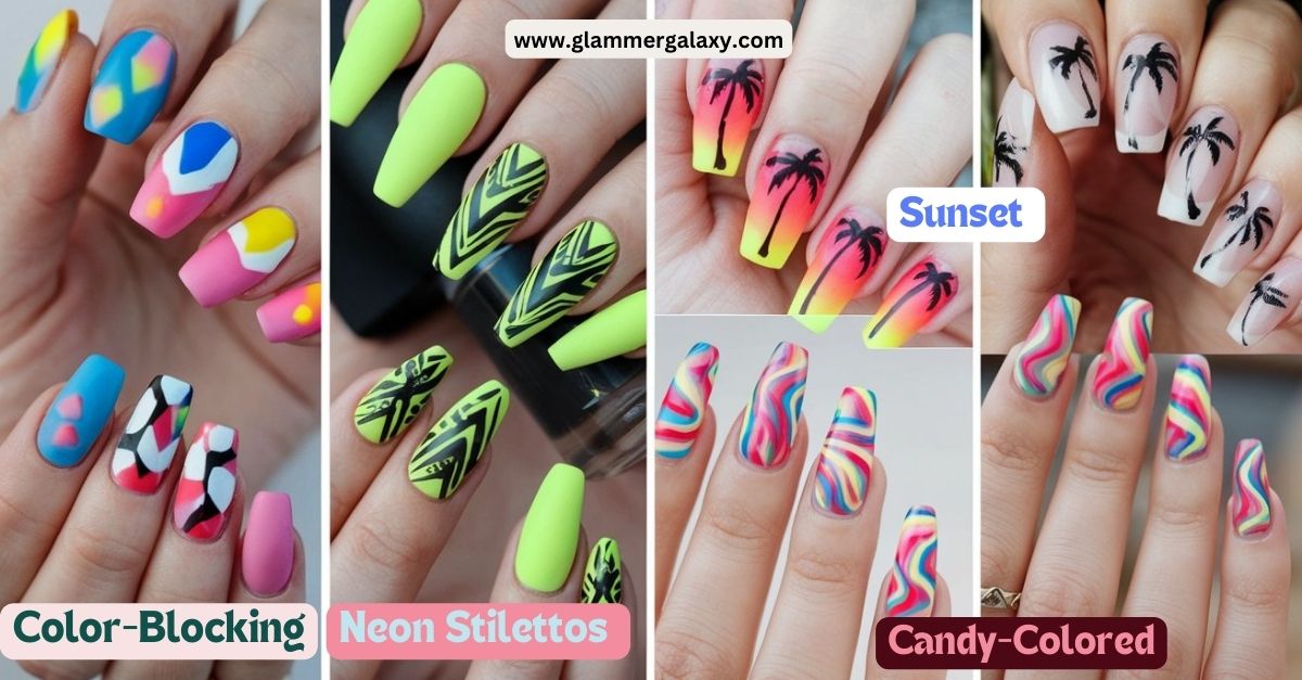 A picture with 4 images of Color-Blocking , Neon Stilettos, Cany colored, Sunset Nail paint Designs