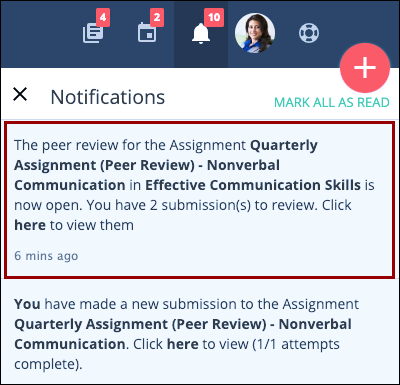 Notifications for peer feedback in Teamie LMS