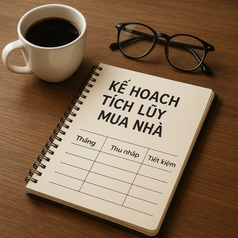 Bảng kế hoạch tiết kiệm tiền mua nhà với cốc cà phê