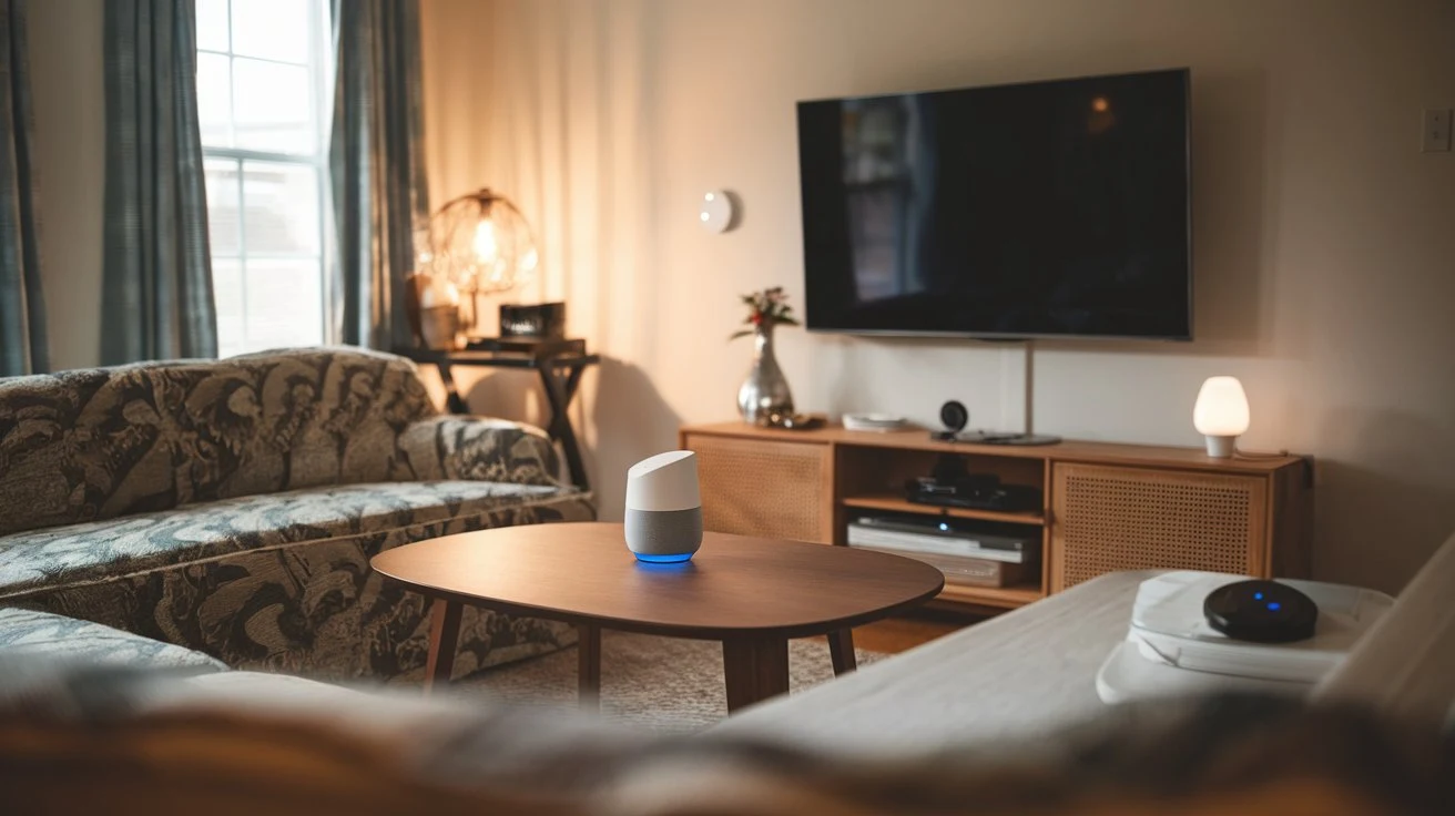 A cozy living room filled with smart home devices like speakers, lights, and a thermostat.