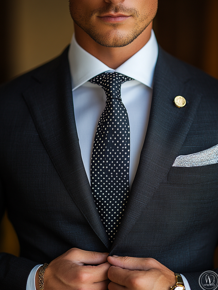 
Young man wearing a well-fitted suit, accessorized with a stylish tie or bowtie. The tie is either a solid color, such as black or navy, or features a subtle patterned design, adding personality to the outfit. He complements the look with a neatly folded pocket square, a classic watch, and sophisticated cufflinks. These accessories enhance the sharp, polished look, making it perfect for a homecoming event, combining elegance and individuality.