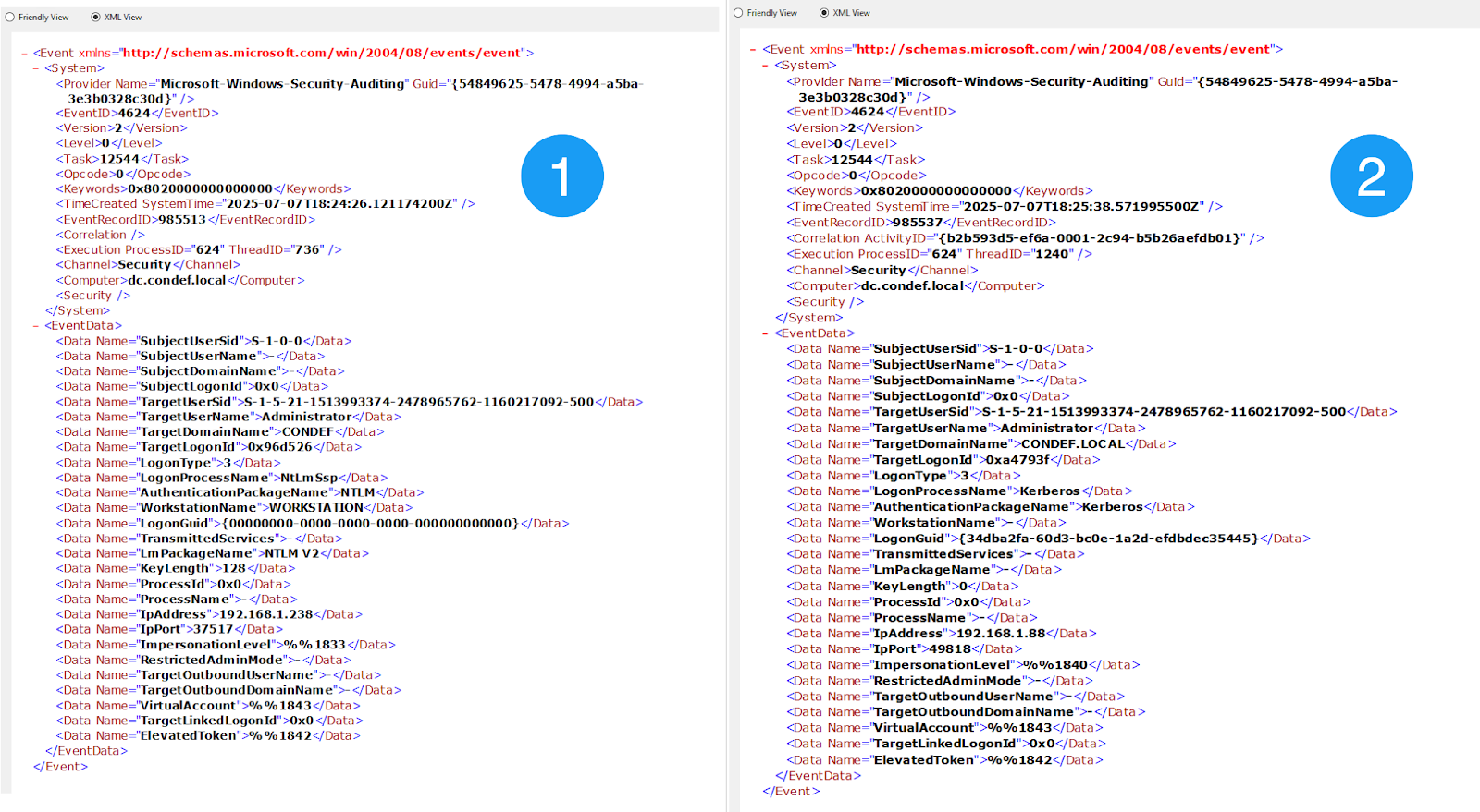 Windows security 4624 event IDs side-by-side