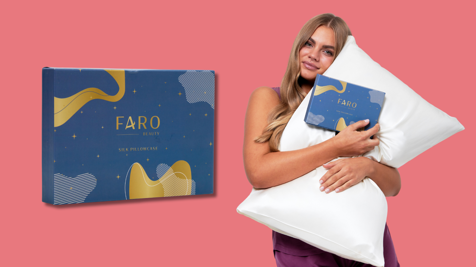 Image of a woman hugging a silk pillowcase alongside a box containing FARO's silk pillowcase