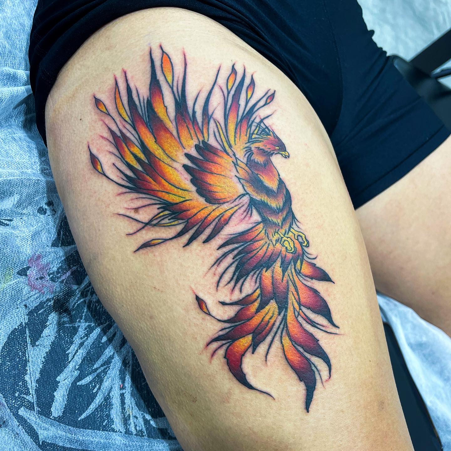 Mythical Phoenix Rising Thigh Tattoo