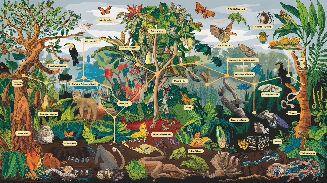 tropical rainforest food web with 20 organisms