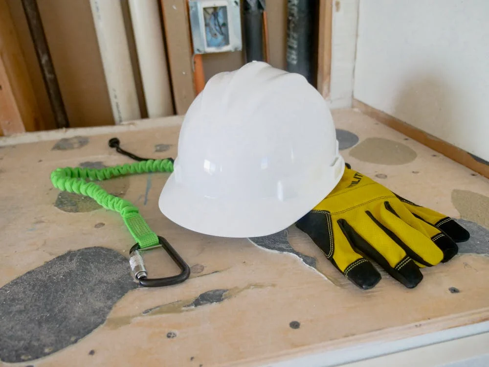 A white hard hat, yellow and black safety gloves, and a green lanyard with a carabiner placed on a construction surface, representing essential safety gear for garage door repair