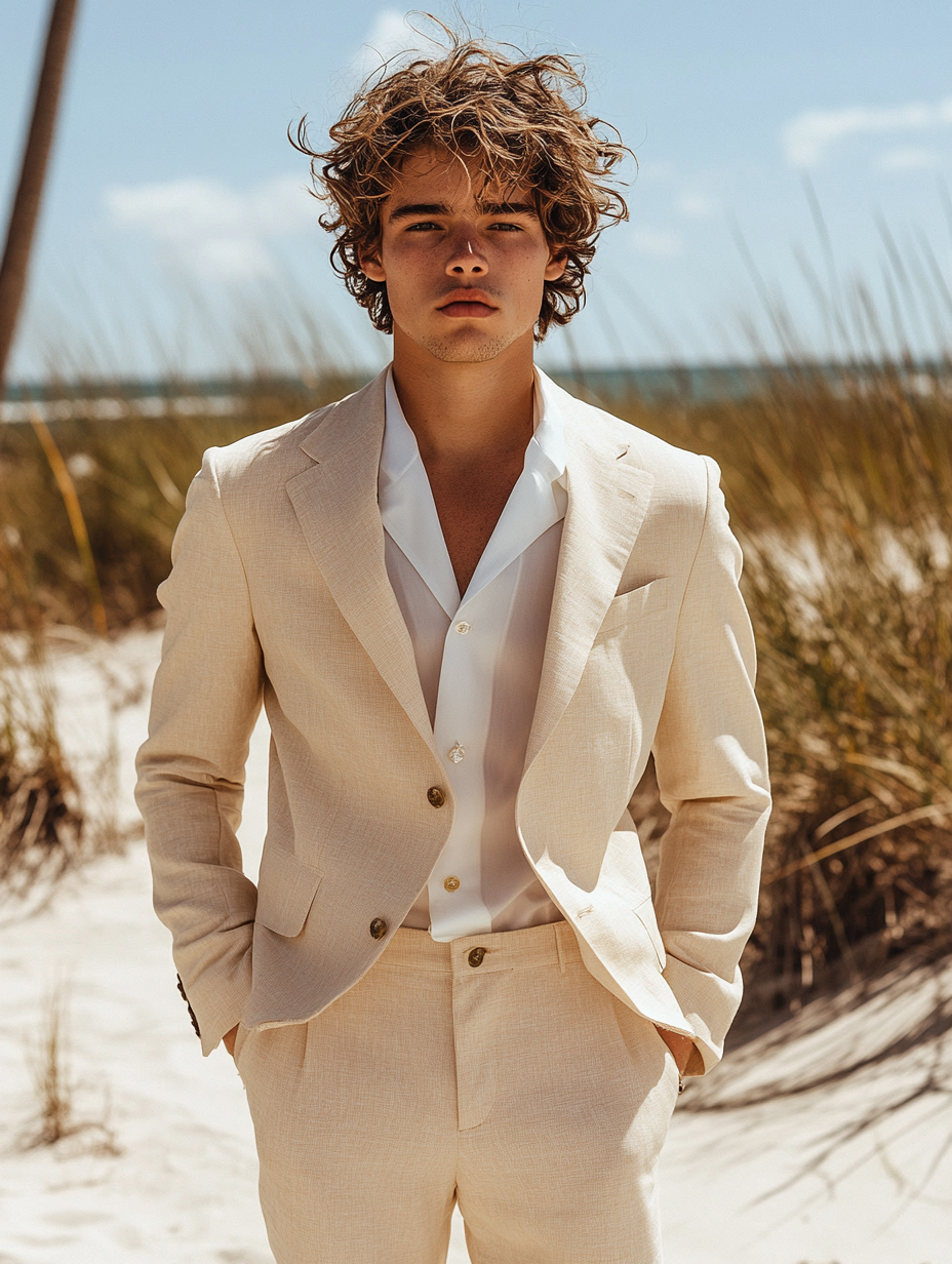 
young man standing in Beige suit, light and breathable, perfect for summer weddings, set in outdoor or beach settings, relaxed and stylish, complements a sunny atmosphere, suited for casual or semi-formal events