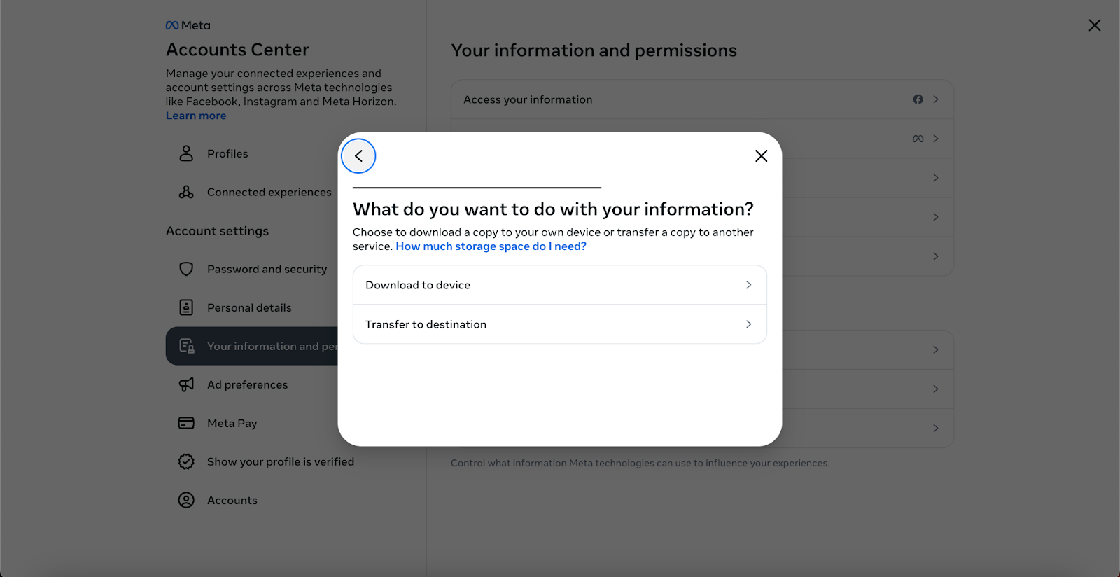 A modal window titled "What do you want to do with your information?" iwth options for "Download to device" and "Transfer to destination."