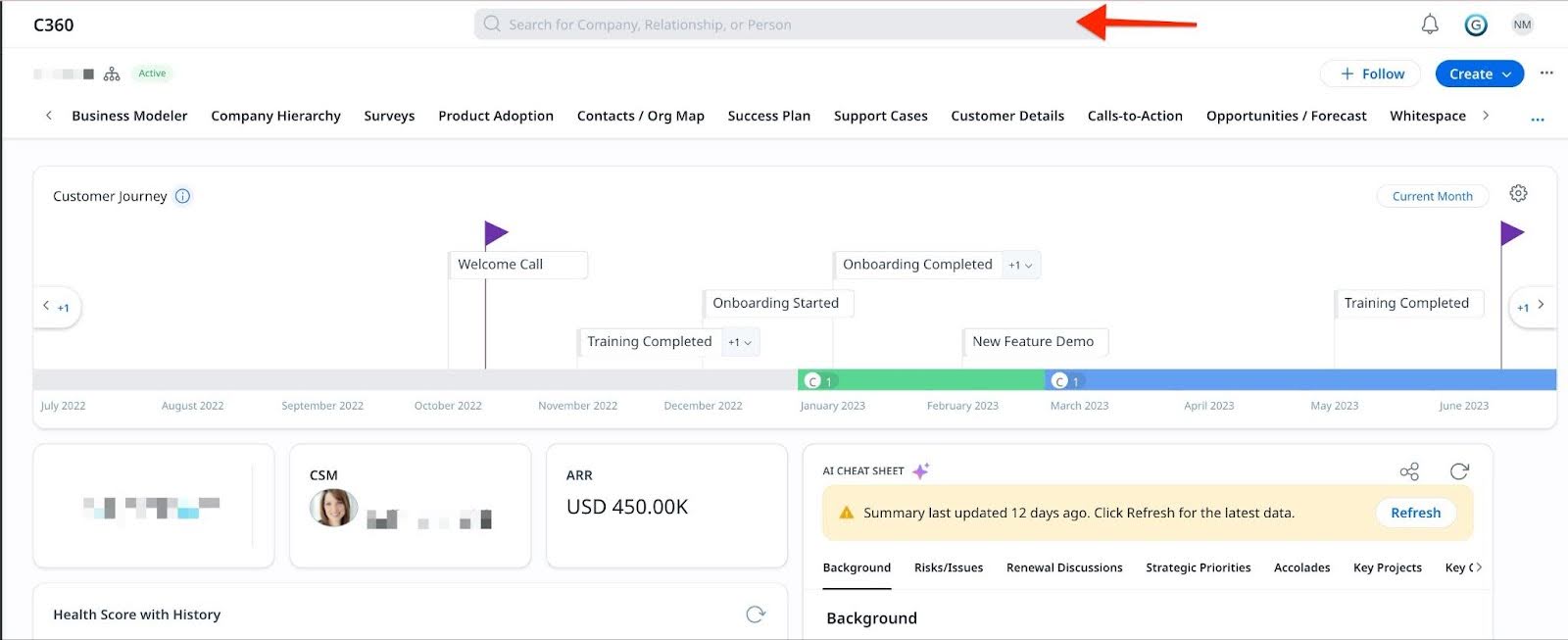 User interface for a customer management system, displaying a global search bar, customer journey timeline, health score, account details, and various sections such as Business Modeler, Company Hierarchy, Surveys, and Product Adoptio