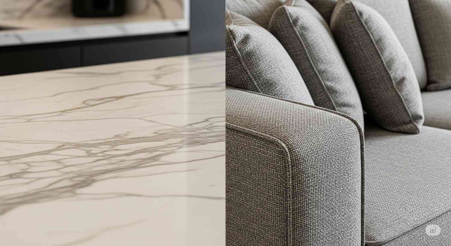 Close-up of premium interior materials including humidity-resistant marble and stain-resistant luxury fabrics in Bangalore home