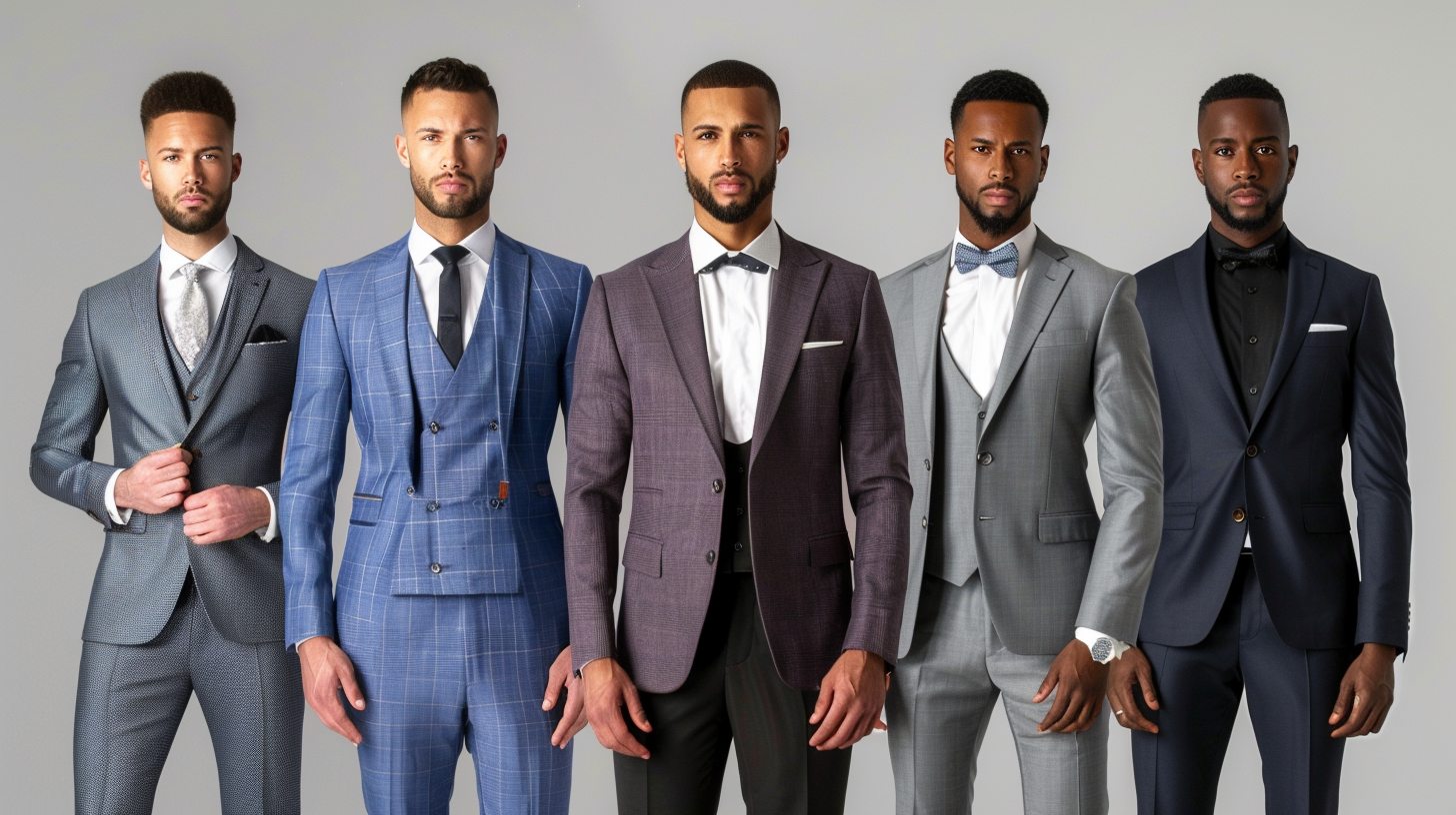 A man wearing different types of suits based on body type and occasion--includes single-brested, double-brested, three-piece, tuxedo, cotton, linen, slim fit, classic fit, modern fit, colored and patterned suits--styled for weddings, work, and casual events, diverse body types, stylish, confident, clean background