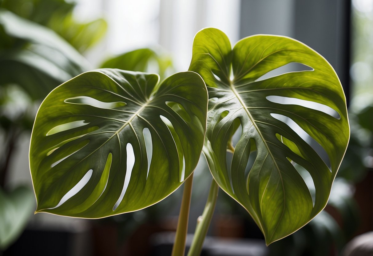 A Philodendron Radiatum and Mayoi are side by side, showcasing their unique leaf shapes and sizes. The Radiatum has long, narrow leaves, while the Mayoi has broader, heart-shaped leaves